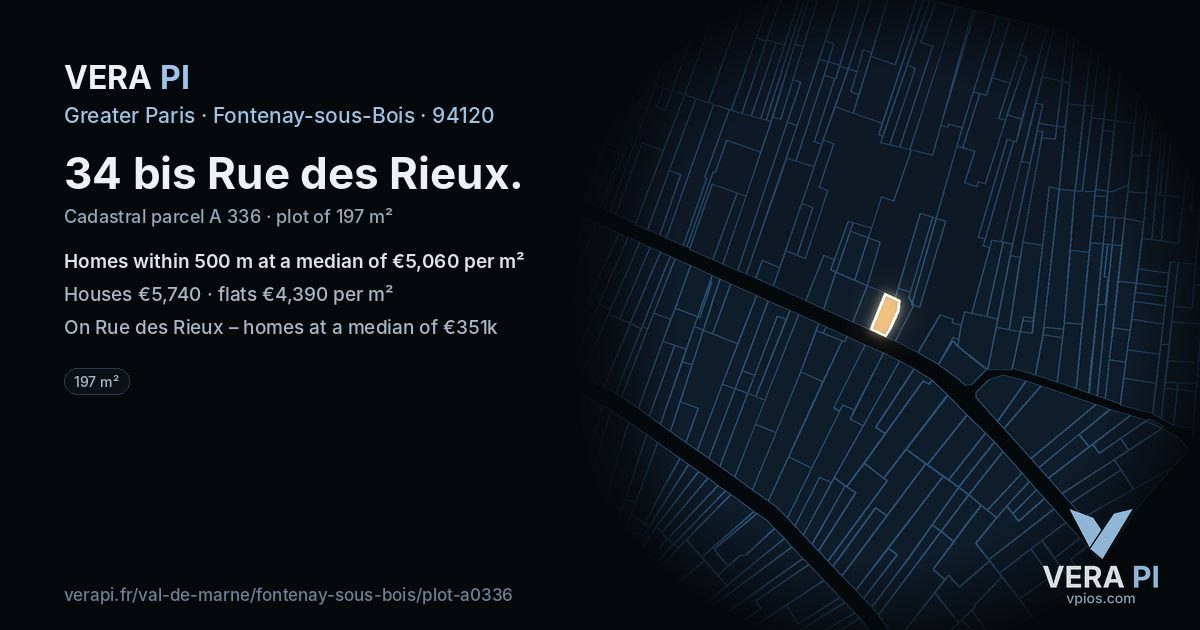 34 bis Rue des Rieux, Fontenay-sous-Bois at night – the plot lit, the parcels around coloured by the prices near them