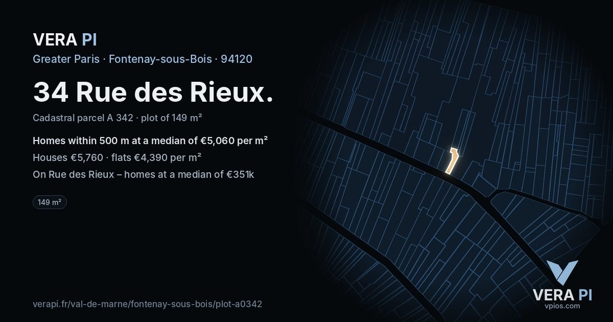 34 Rue des Rieux, Fontenay-sous-Bois at night – the plot lit, the parcels around coloured by the prices near them