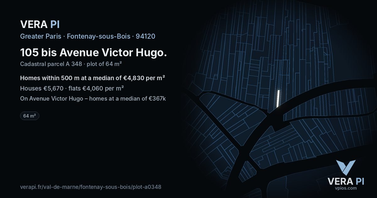 105 bis Avenue Victor Hugo, Fontenay-sous-Bois at night – the plot lit, the parcels around coloured by the prices near them
