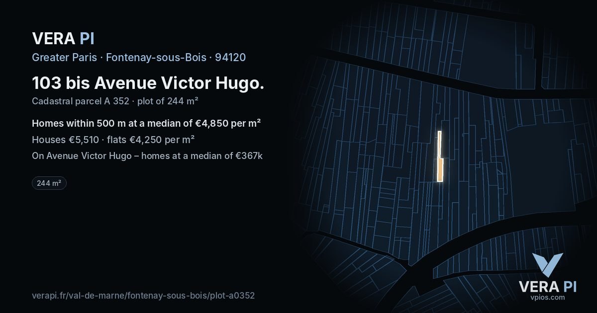 103 bis Avenue Victor Hugo, Fontenay-sous-Bois at night – the plot lit, the parcels around coloured by the prices near them