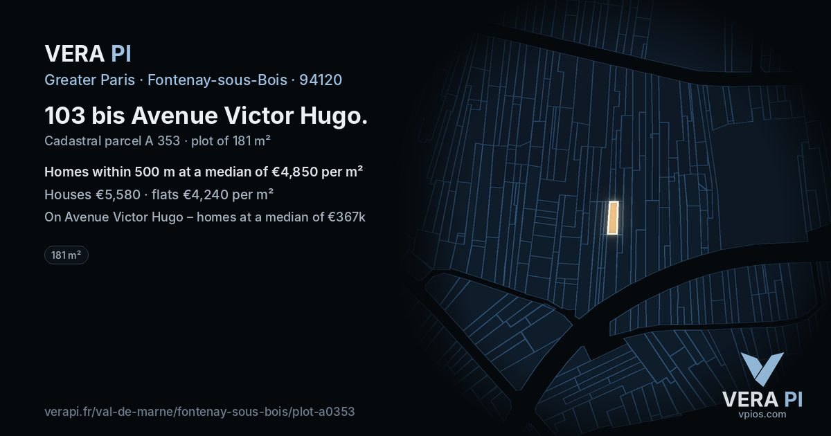 103 bis Avenue Victor Hugo, Fontenay-sous-Bois at night – the plot lit, the parcels around coloured by the prices near them