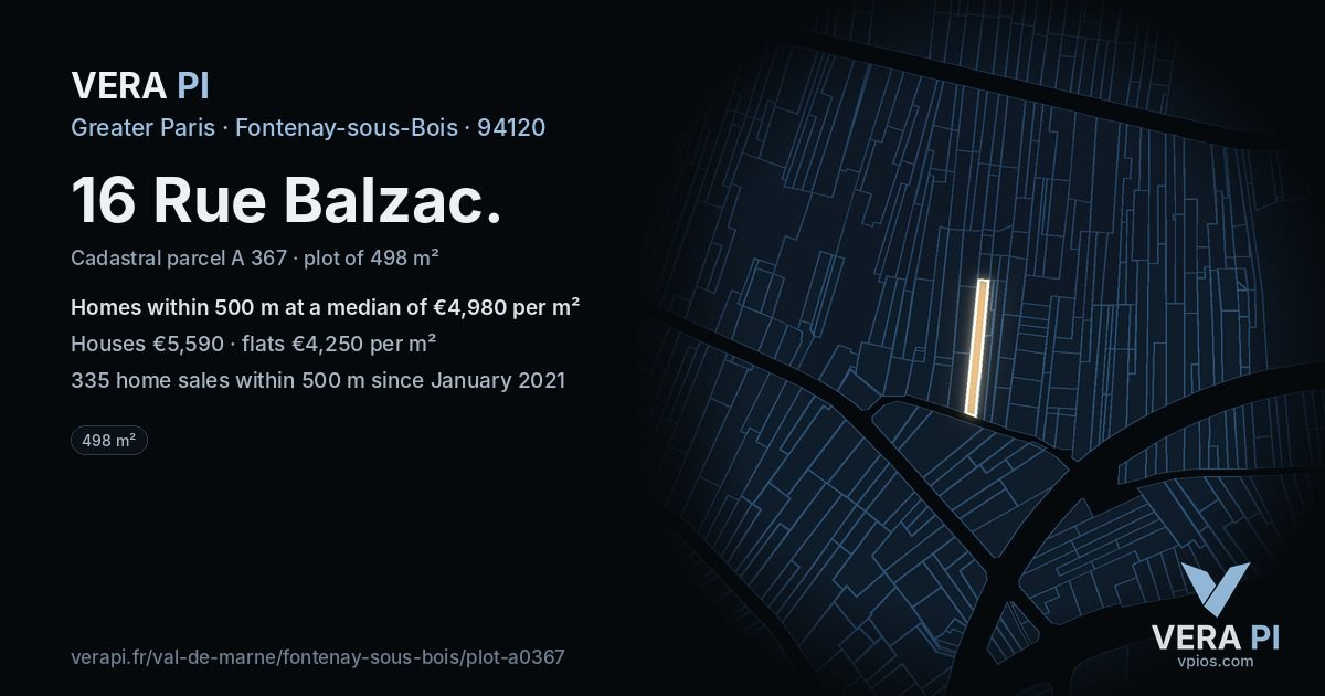 16 Rue Balzac, Fontenay-sous-Bois at night – the plot lit, the parcels around coloured by the prices near them