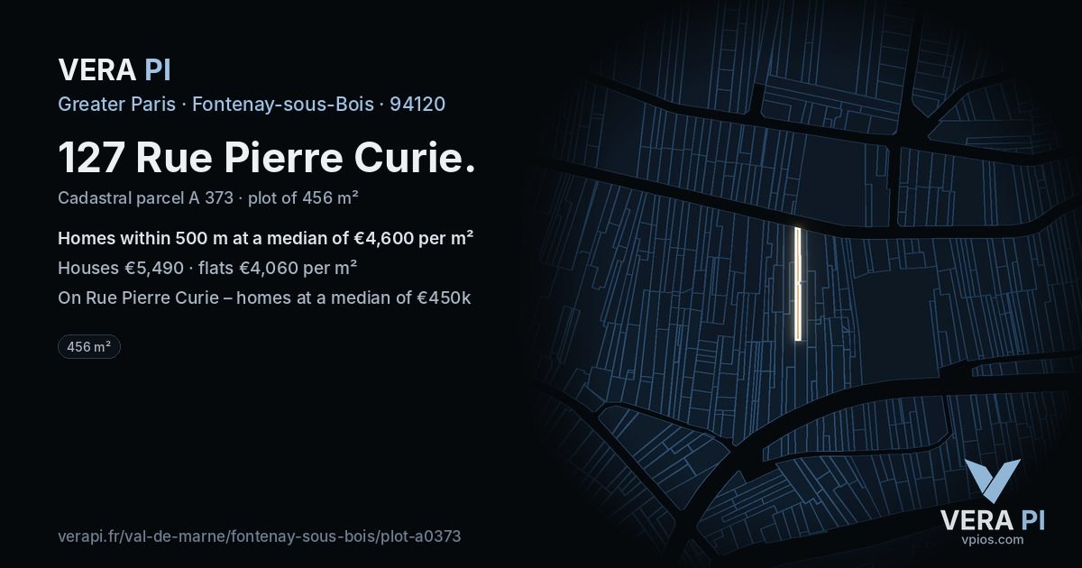 127 Rue Pierre Curie, Fontenay-sous-Bois at night – the plot lit, the parcels around coloured by the prices near them