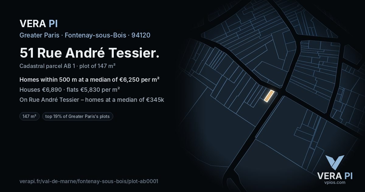 51 Rue André Tessier, Fontenay-sous-Bois at night – the plot lit, the parcels around coloured by the prices near them