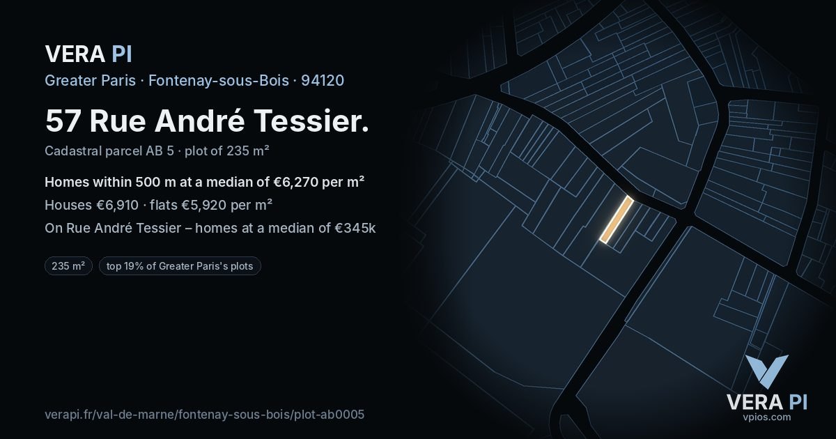 57 Rue André Tessier, Fontenay-sous-Bois at night – the plot lit, the parcels around coloured by the prices near them