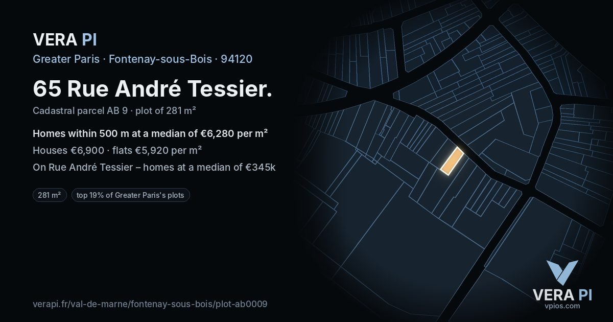 65 Rue André Tessier, Fontenay-sous-Bois at night – the plot lit, the parcels around coloured by the prices near them