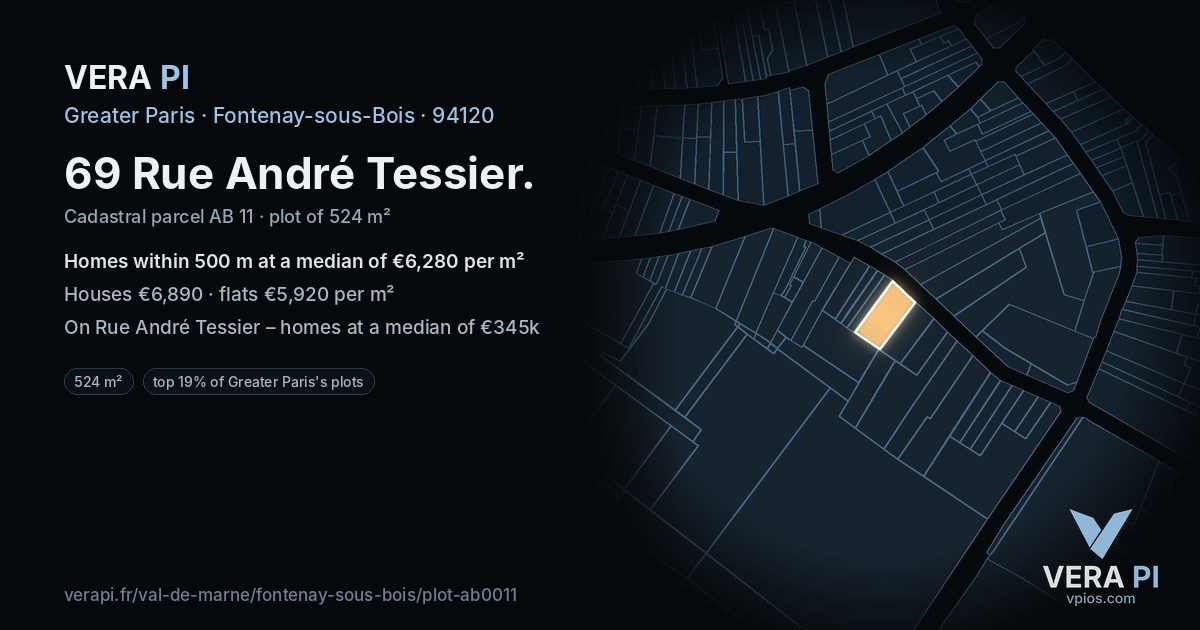 69 Rue André Tessier, Fontenay-sous-Bois at night – the plot lit, the parcels around coloured by the prices near them