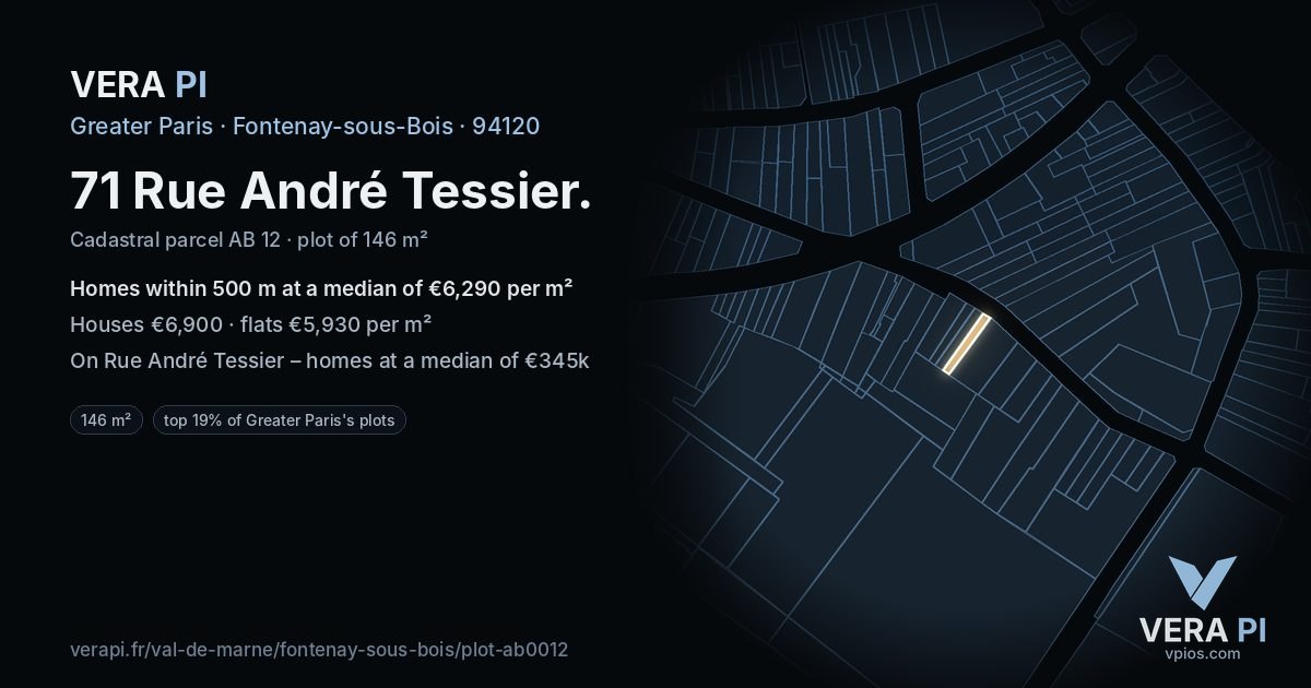 71 Rue André Tessier, Fontenay-sous-Bois at night – the plot lit, the parcels around coloured by the prices near them