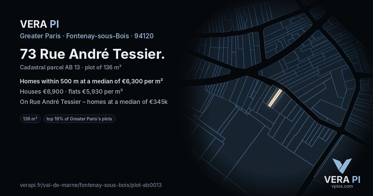 73 Rue André Tessier, Fontenay-sous-Bois at night – the plot lit, the parcels around coloured by the prices near them