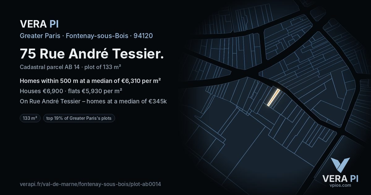 75 Rue André Tessier, Fontenay-sous-Bois at night – the plot lit, the parcels around coloured by the prices near them