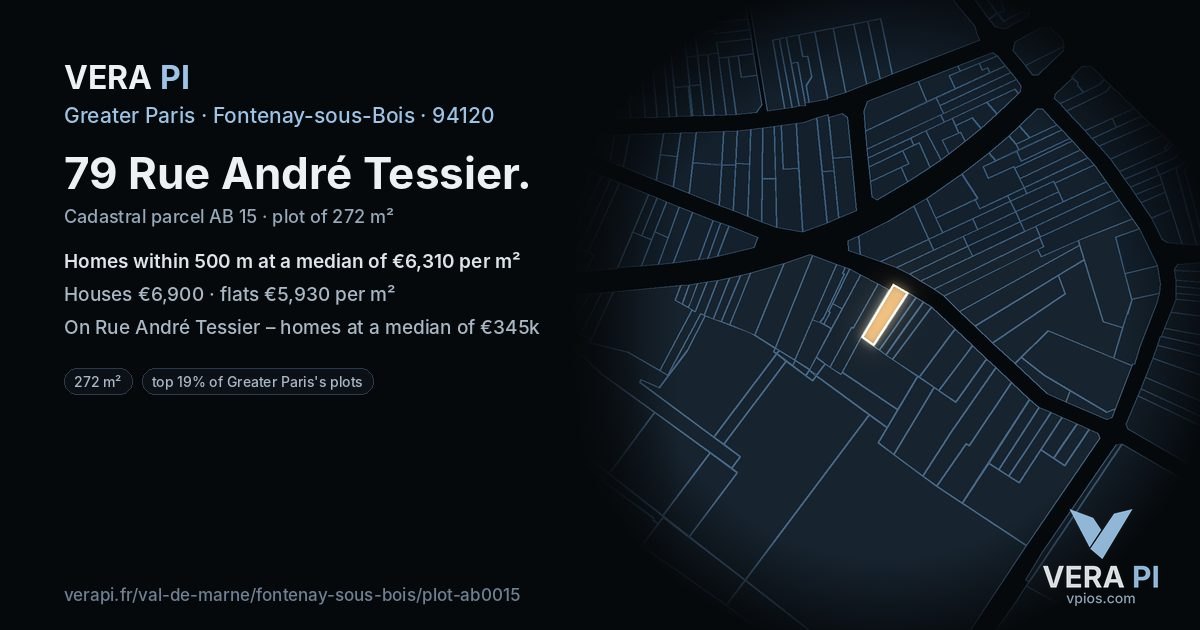 79 Rue André Tessier, Fontenay-sous-Bois at night – the plot lit, the parcels around coloured by the prices near them