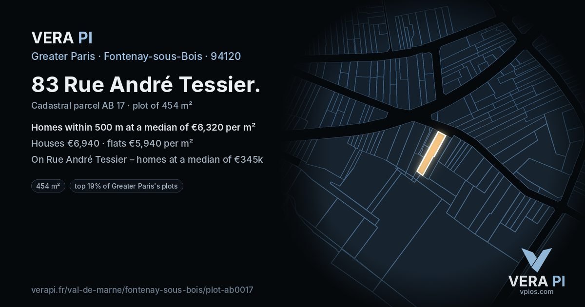 83 Rue André Tessier, Fontenay-sous-Bois at night – the plot lit, the parcels around coloured by the prices near them