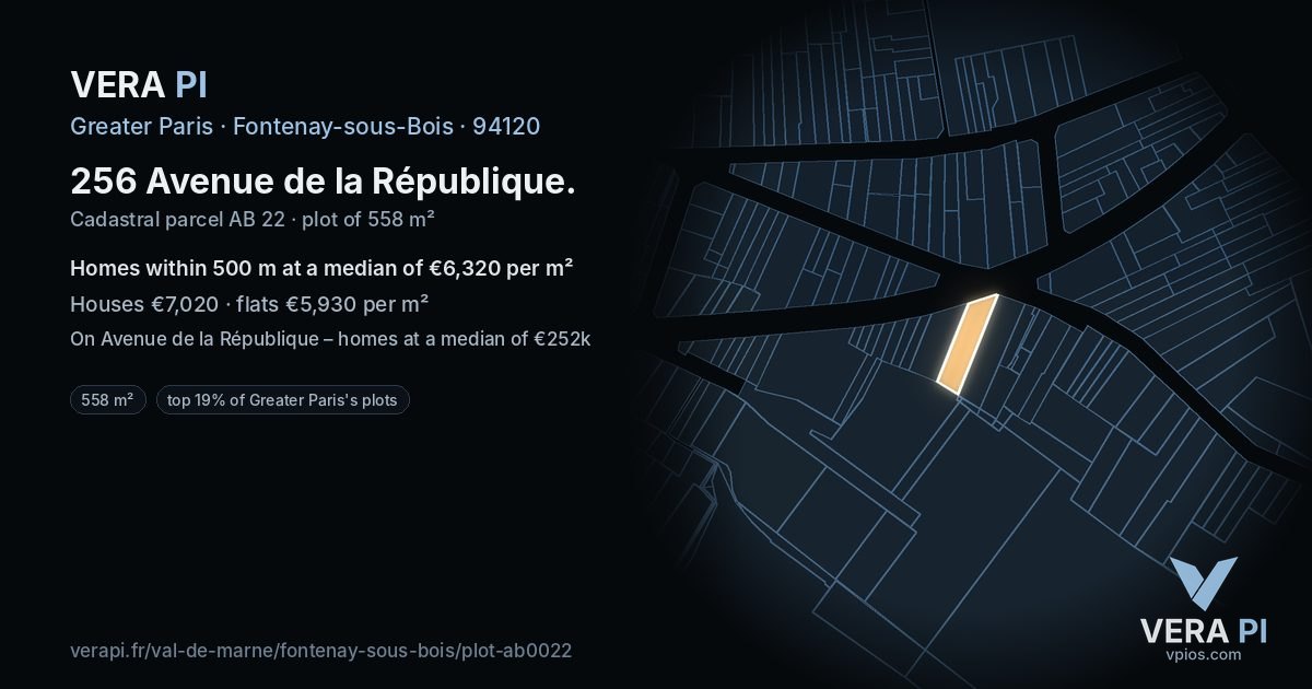 256 Avenue de la République, Fontenay-sous-Bois at night – the plot lit, the parcels around coloured by the prices near them