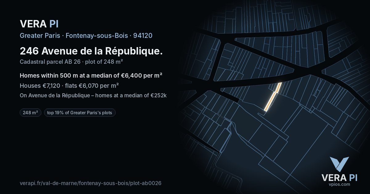 246 Avenue de la République, Fontenay-sous-Bois at night – the plot lit, the parcels around coloured by the prices near them