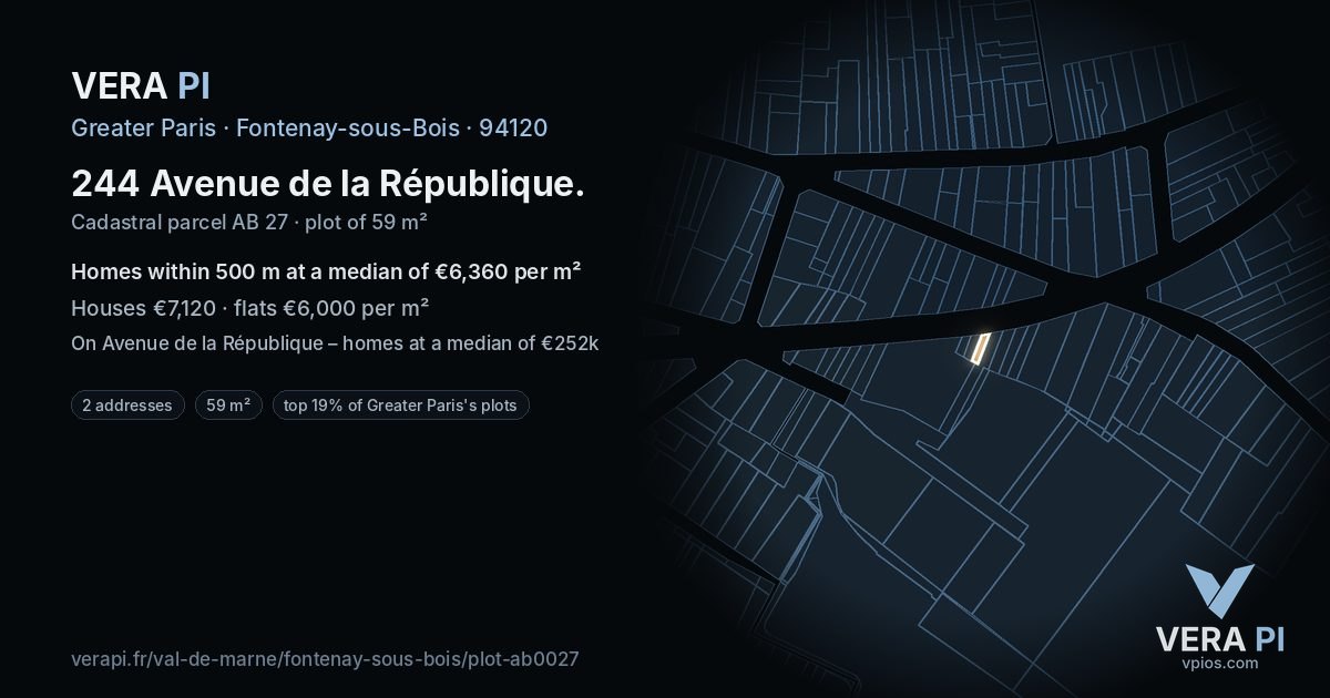 244 Avenue de la République, Fontenay-sous-Bois at night – the plot lit, the parcels around coloured by the prices near them
