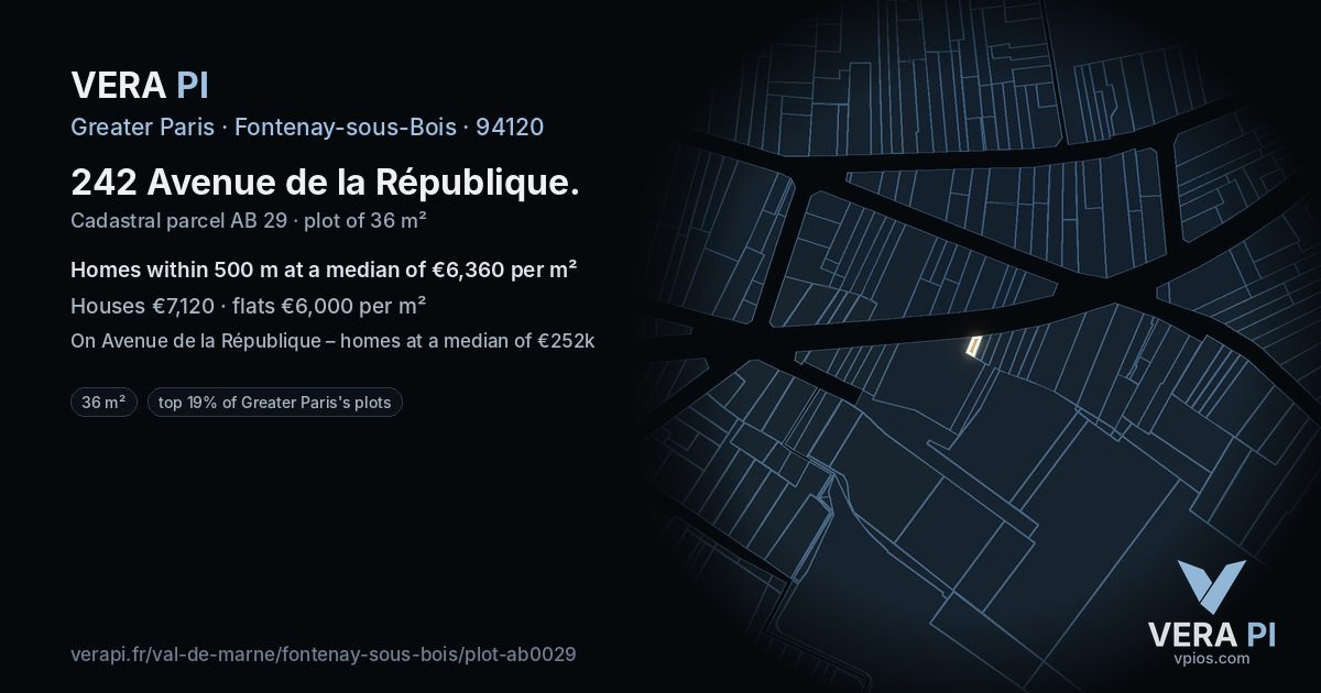 242 Avenue de la République, Fontenay-sous-Bois at night – the plot lit, the parcels around coloured by the prices near them