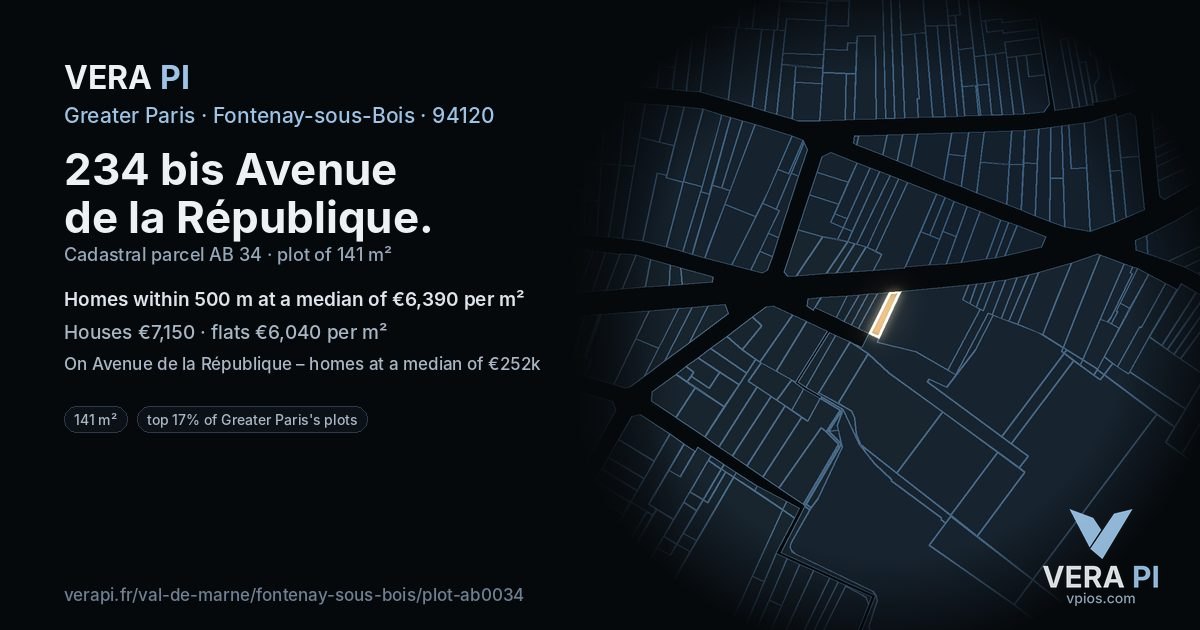 234 bis Avenue de la République, Fontenay-sous-Bois at night – the plot lit, the parcels around coloured by the prices near them