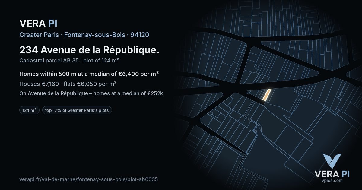 234 Avenue de la République, Fontenay-sous-Bois at night – the plot lit, the parcels around coloured by the prices near them