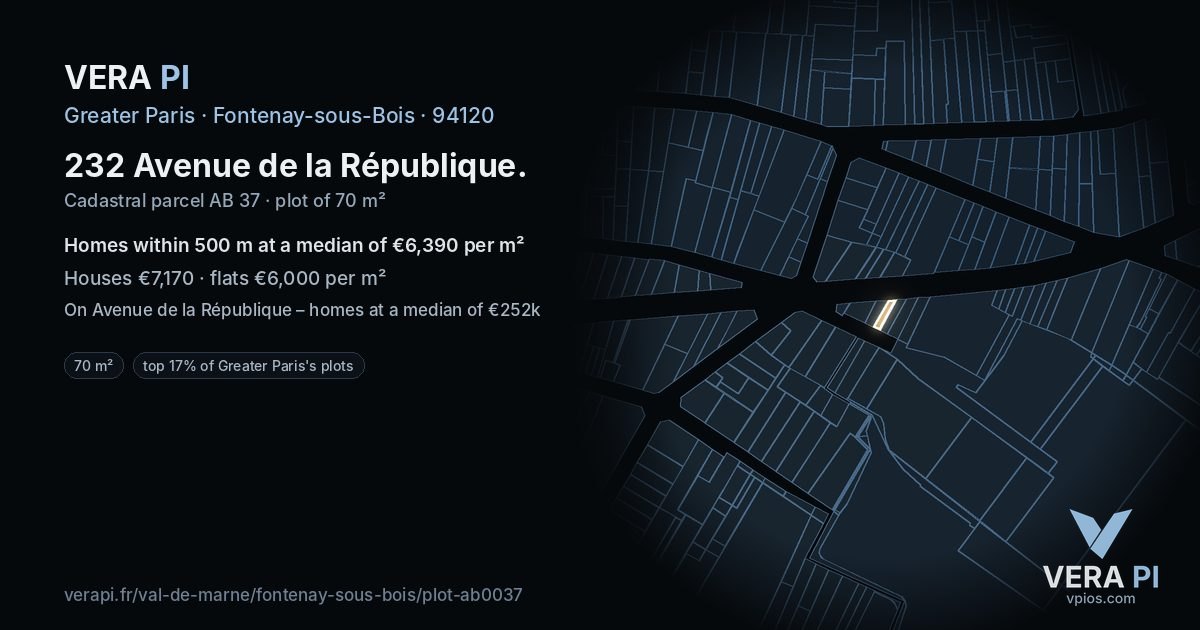 232 Avenue de la République, Fontenay-sous-Bois at night – the plot lit, the parcels around coloured by the prices near them