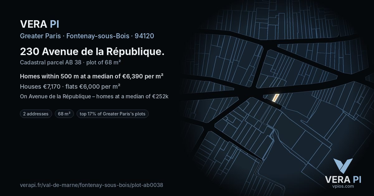 230 Avenue de la République, Fontenay-sous-Bois at night – the plot lit, the parcels around coloured by the prices near them