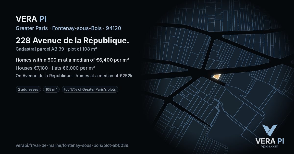 228 Avenue de la République, Fontenay-sous-Bois at night – the plot lit, the parcels around coloured by the prices near them