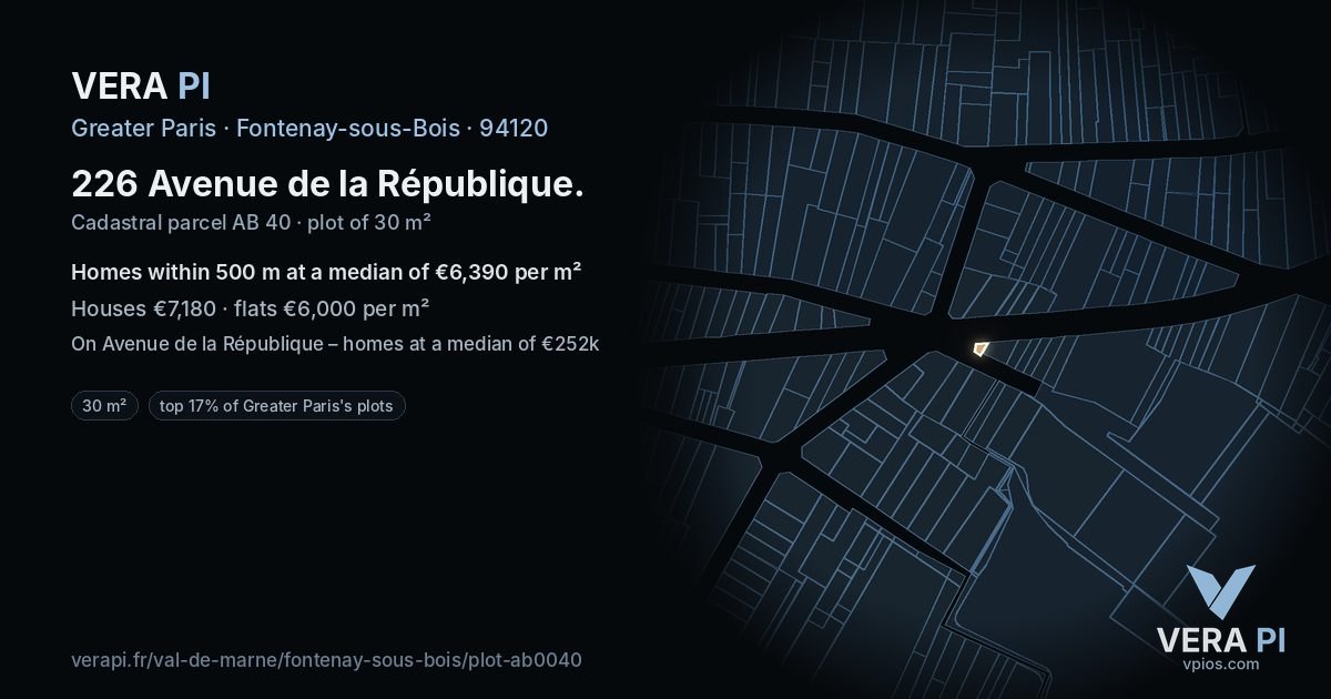 226 Avenue de la République, Fontenay-sous-Bois at night – the plot lit, the parcels around coloured by the prices near them