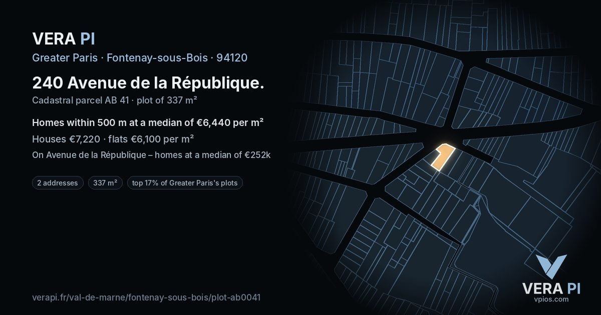 240 Avenue de la République, Fontenay-sous-Bois at night – the plot lit, the parcels around coloured by the prices near them