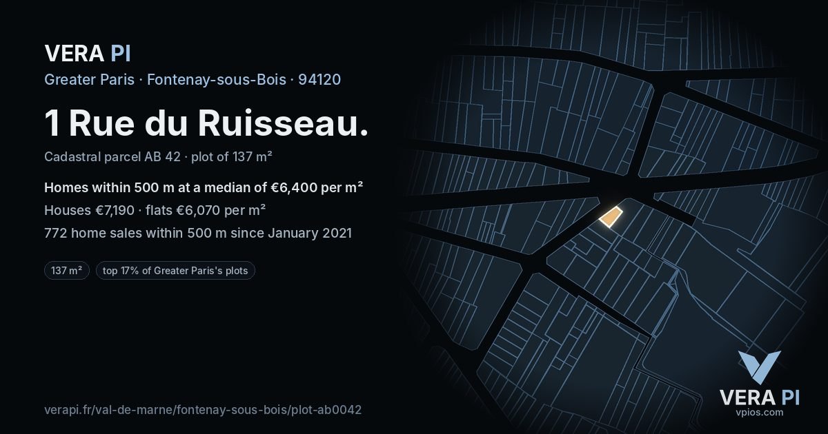 1 Rue du Ruisseau, Fontenay-sous-Bois at night – the plot lit, the parcels around coloured by the prices near them
