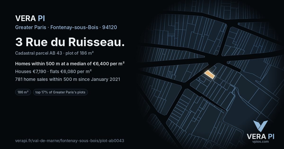 3 Rue du Ruisseau, Fontenay-sous-Bois at night – the plot lit, the parcels around coloured by the prices near them