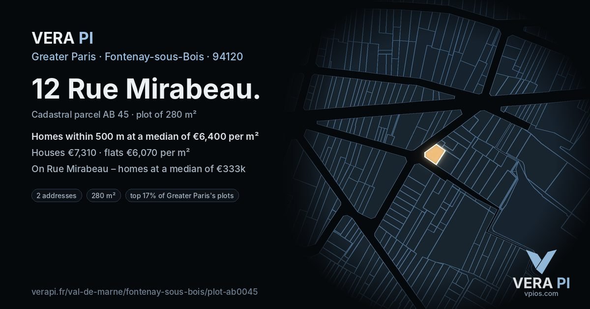 12 Rue Mirabeau, Fontenay-sous-Bois at night – the plot lit, the parcels around coloured by the prices near them