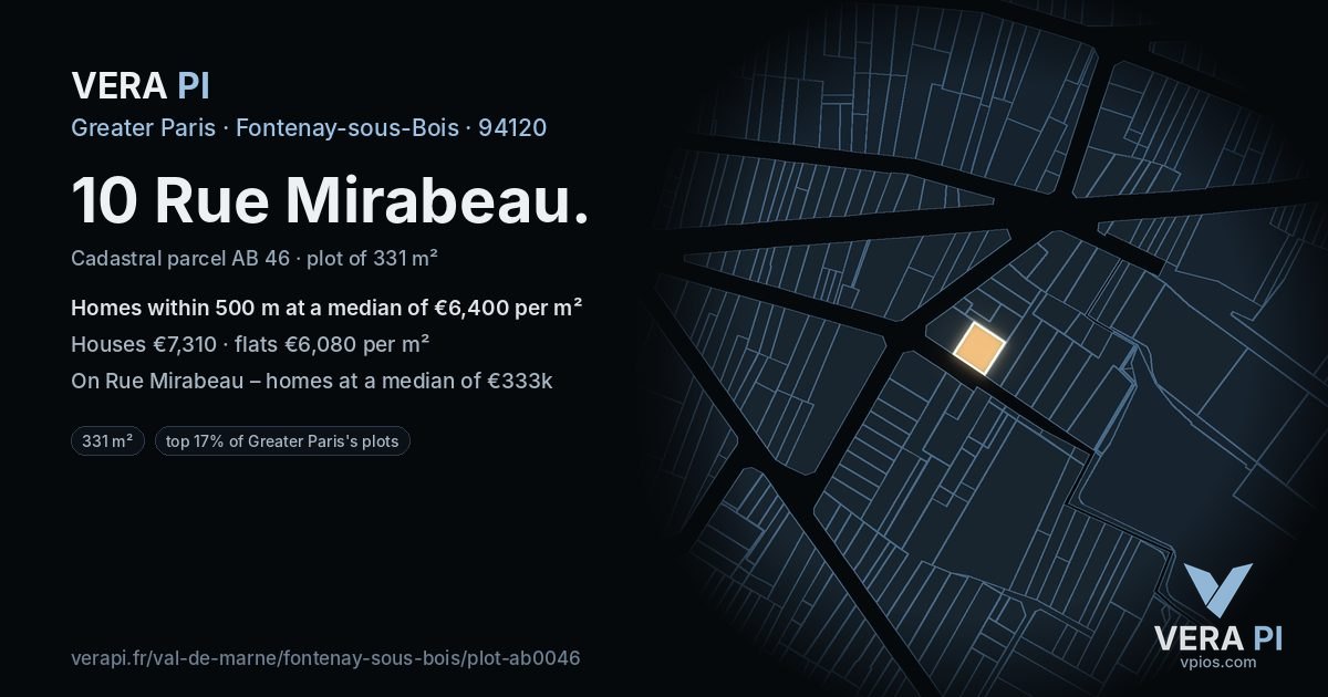 10 Rue Mirabeau, Fontenay-sous-Bois at night – the plot lit, the parcels around coloured by the prices near them