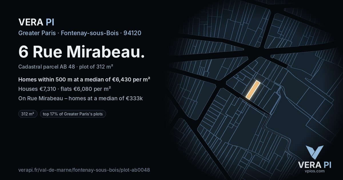 6 Rue Mirabeau, Fontenay-sous-Bois at night – the plot lit, the parcels around coloured by the prices near them