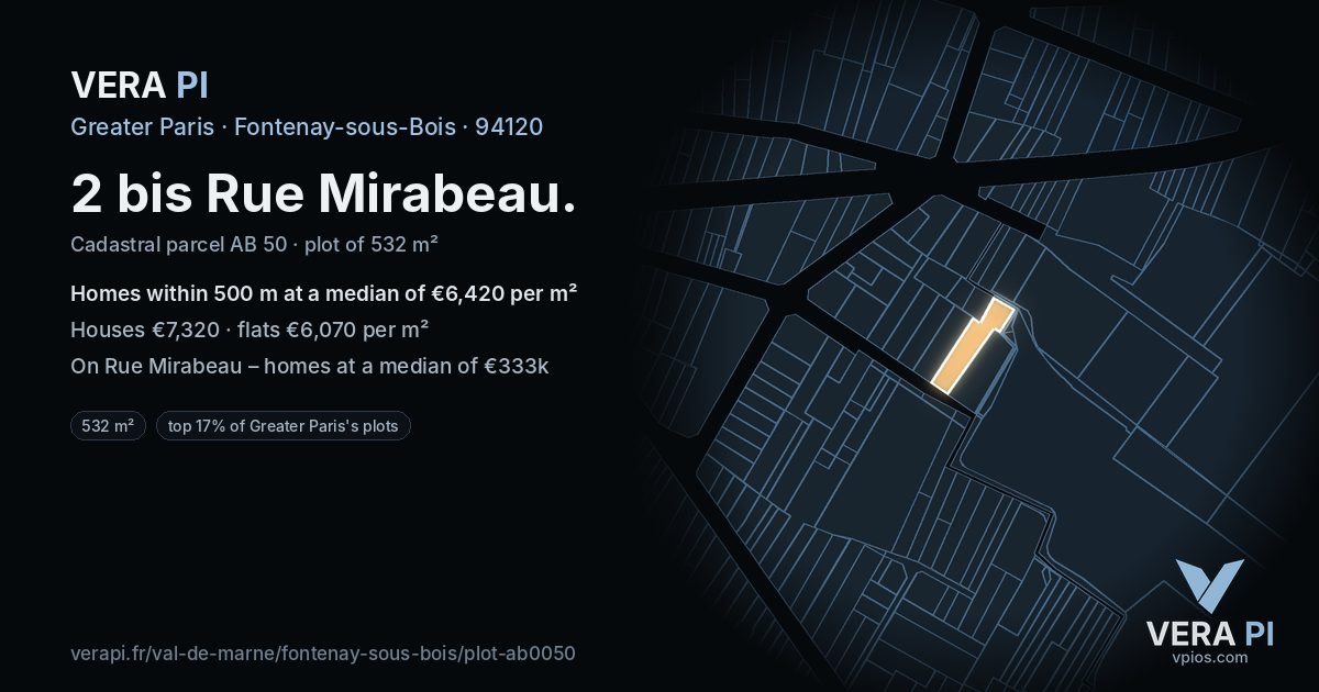 2 bis Rue Mirabeau, Fontenay-sous-Bois at night – the plot lit, the parcels around coloured by the prices near them