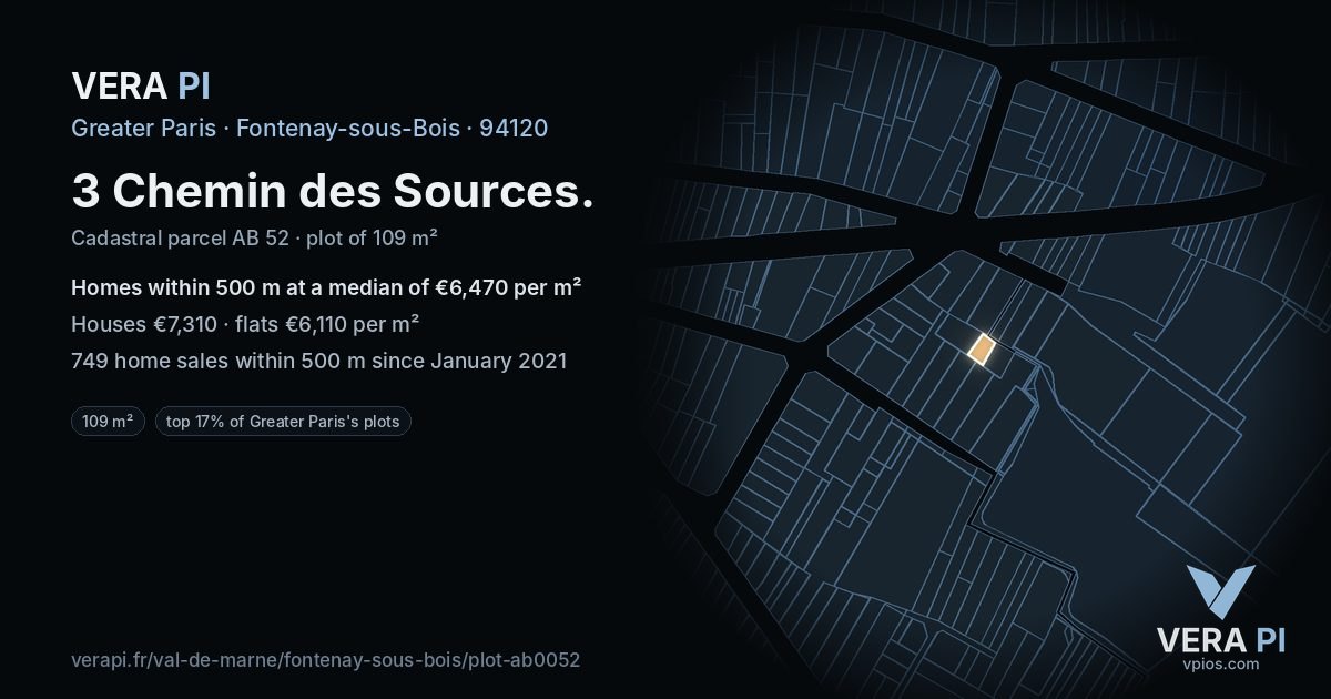 3 Chemin des Sources, Fontenay-sous-Bois at night – the plot lit, the parcels around coloured by the prices near them