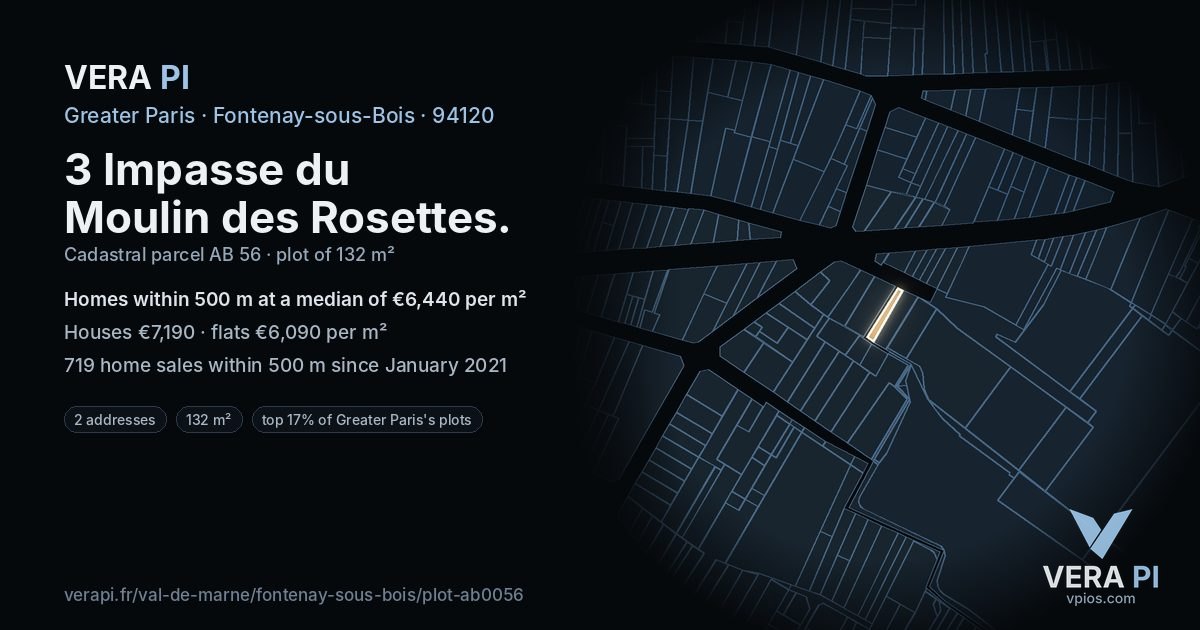 3 Impasse du Moulin des Rosettes, Fontenay-sous-Bois at night – the plot lit, the parcels around coloured by the prices near them