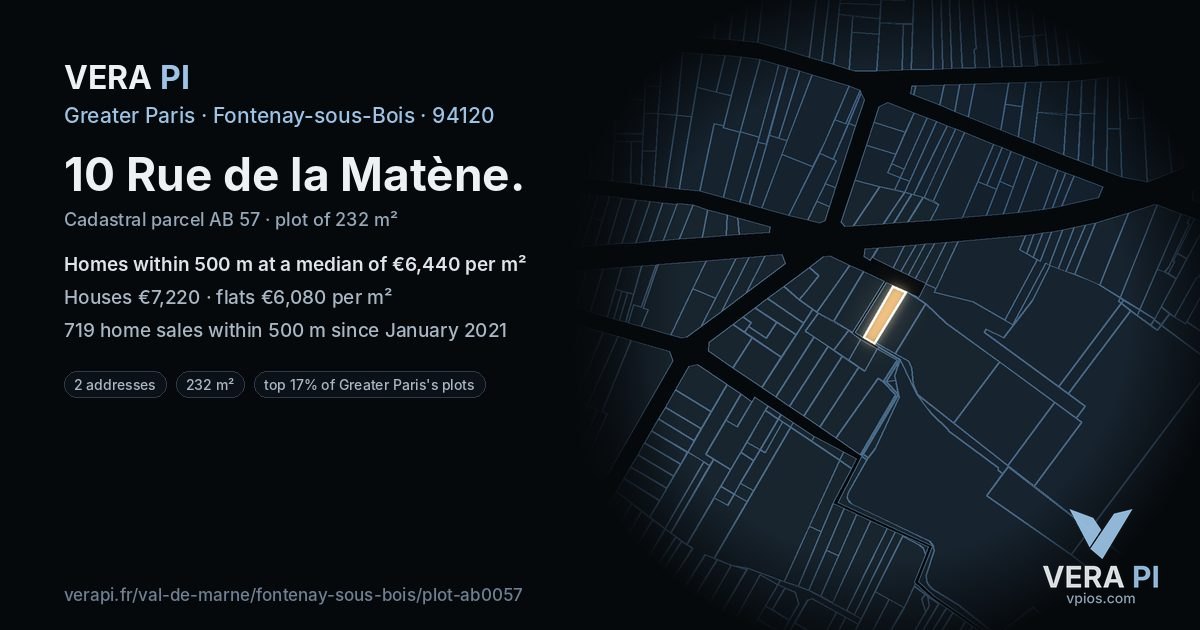 10 Rue de la Matène, Fontenay-sous-Bois at night – the plot lit, the parcels around coloured by the prices near them