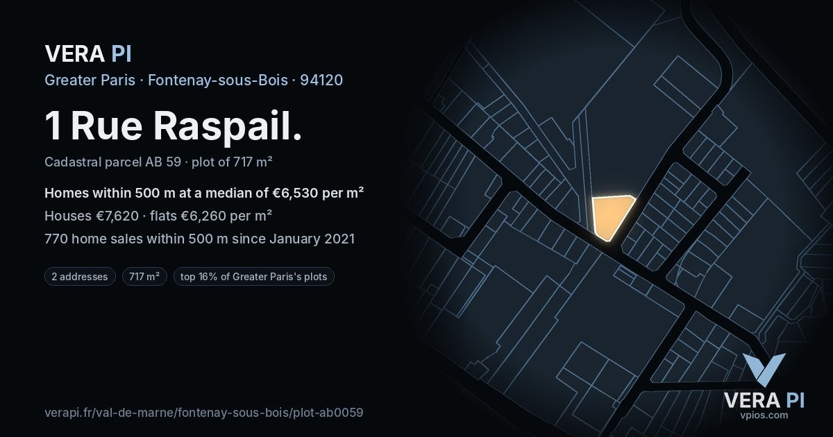 1 Rue Raspail, Fontenay-sous-Bois at night – the plot lit, the parcels around coloured by the prices near them