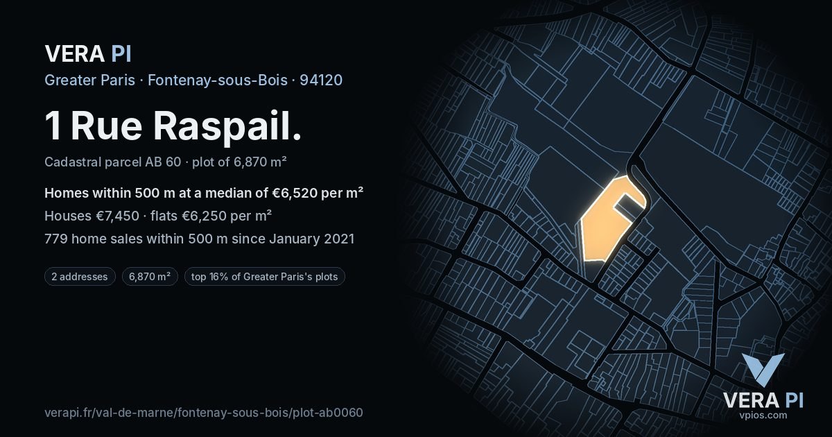 1 Rue Raspail, Fontenay-sous-Bois at night – the plot lit, the parcels around coloured by the prices near them