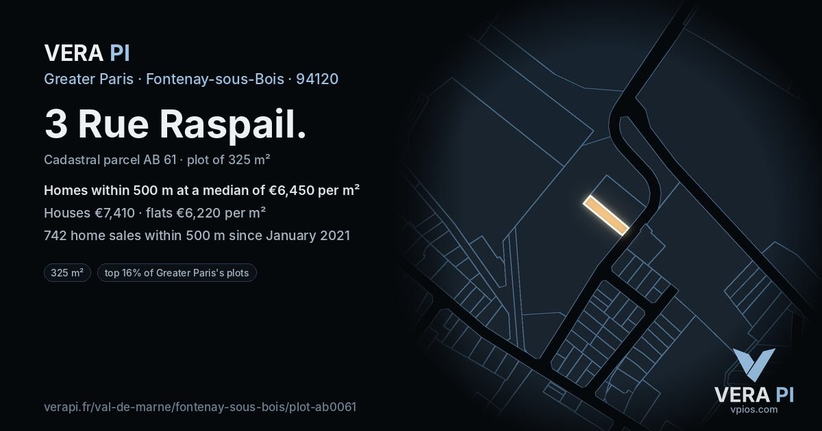 3 Rue Raspail, Fontenay-sous-Bois at night – the plot lit, the parcels around coloured by the prices near them