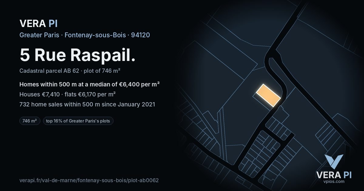 5 Rue Raspail, Fontenay-sous-Bois at night – the plot lit, the parcels around coloured by the prices near them