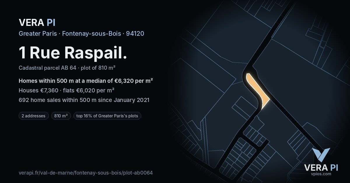 1 Rue Raspail, Fontenay-sous-Bois at night – the plot lit, the parcels around coloured by the prices near them