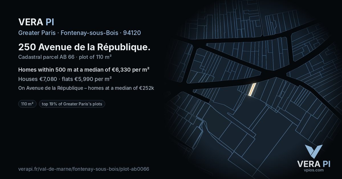 250 Avenue de la République, Fontenay-sous-Bois at night – the plot lit, the parcels around coloured by the prices near them