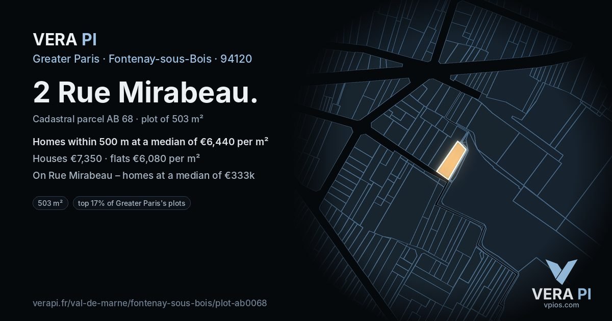 2 Rue Mirabeau, Fontenay-sous-Bois at night – the plot lit, the parcels around coloured by the prices near them