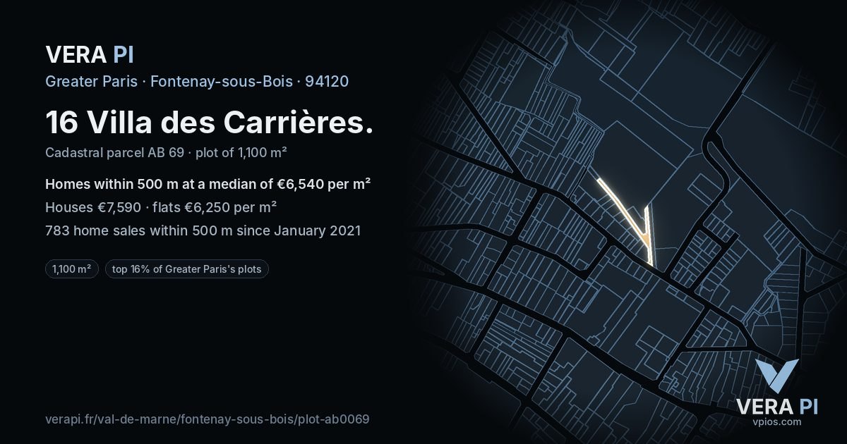 16 Villa des Carrières, Fontenay-sous-Bois at night – the plot lit, the parcels around coloured by the prices near them