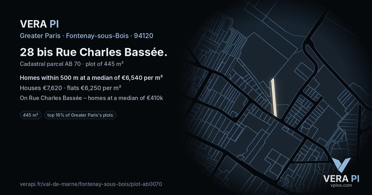 28 bis Rue Charles Bassée, Fontenay-sous-Bois at night – the plot lit, the parcels around coloured by the prices near them