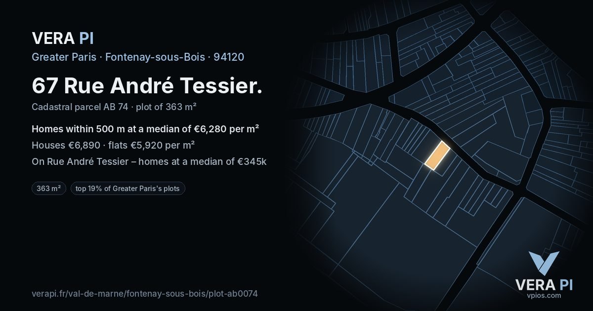 67 Rue André Tessier, Fontenay-sous-Bois at night – the plot lit, the parcels around coloured by the prices near them