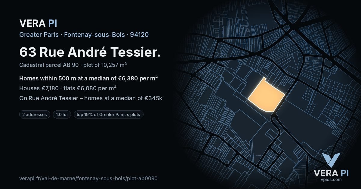 63 Rue André Tessier, Fontenay-sous-Bois at night – the plot lit, the parcels around coloured by the prices near them