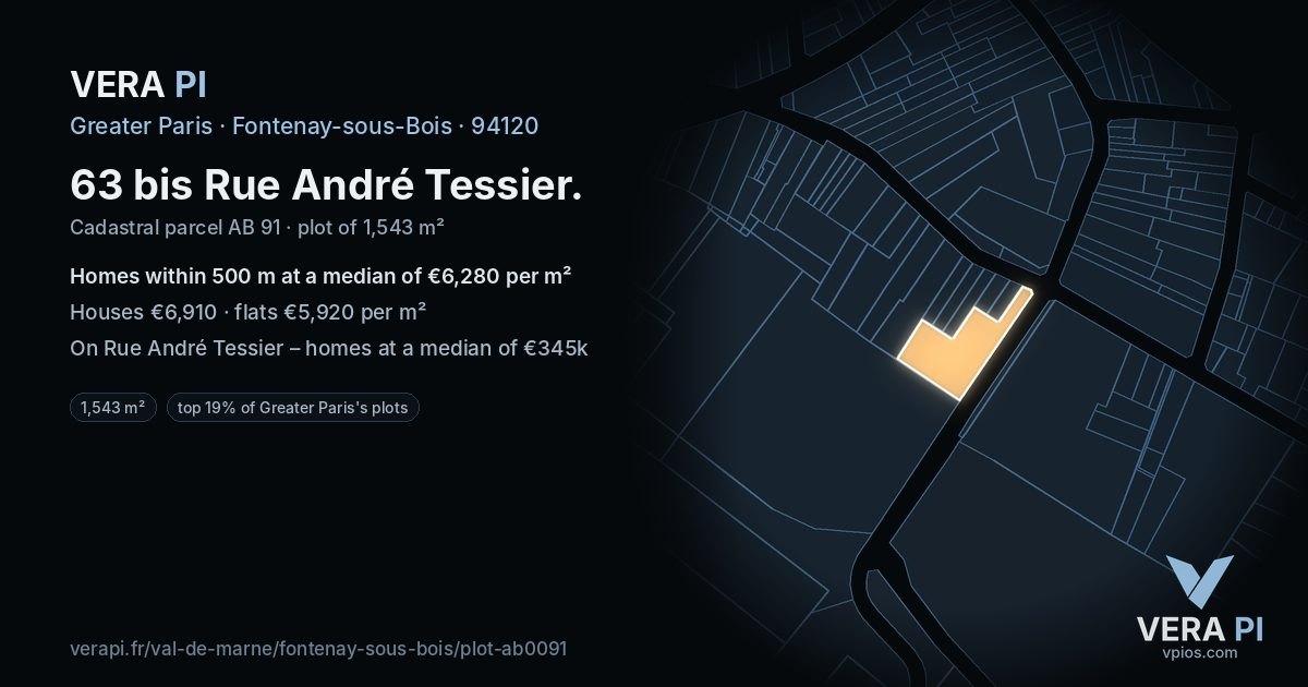 63 bis Rue André Tessier, Fontenay-sous-Bois at night – the plot lit, the parcels around coloured by the prices near them