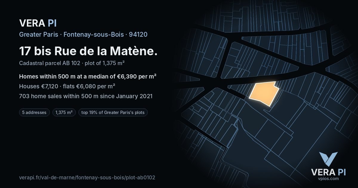 17 bis Rue de la Matène, Fontenay-sous-Bois at night – the plot lit, the parcels around coloured by the prices near them