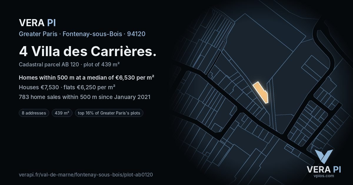 4 Villa des Carrières, Fontenay-sous-Bois at night – the plot lit, the parcels around coloured by the prices near them